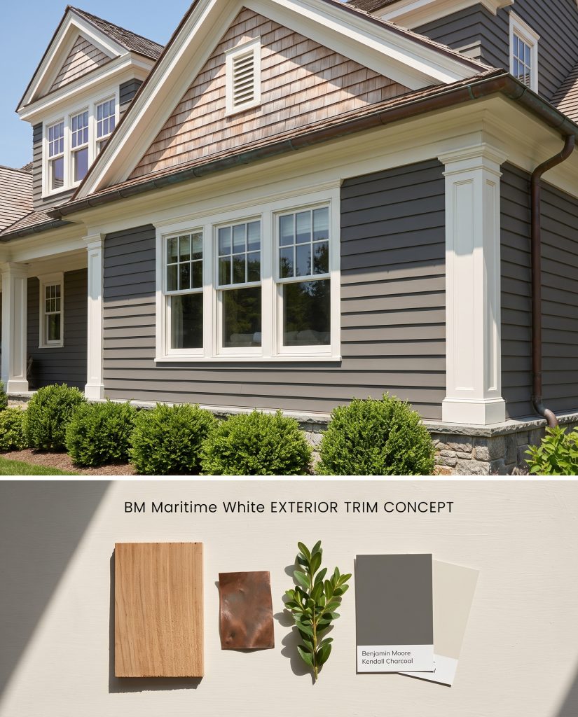 A composite design board presenting coastal exterior trim finished in a warm white, resting above physical cedar shingle and copper swatches.
