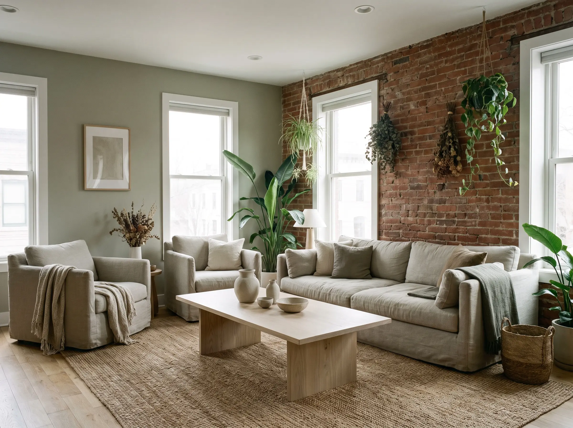 A light ash wood coffee table and raw ceramic decor furnish an organic modern living room featuring Benjamin Moore October Mist walls and red brick.