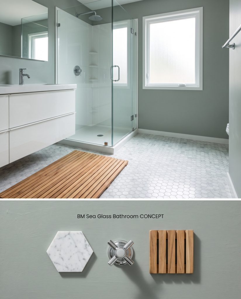 A split conceptual board presenting a Benjamin Moore Sea Glass bathroom over a flat-lay of Carrara marble hex mosaic and slatted teak wood.