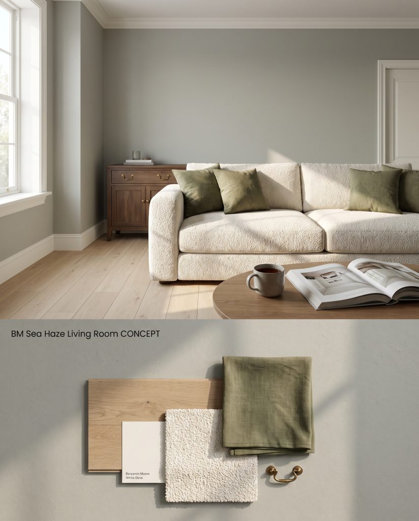 A split digital conceptual board displaying a living room painted in Benjamin Moore Sea Haze above a textured flat-lay of white oak and cream boucle.