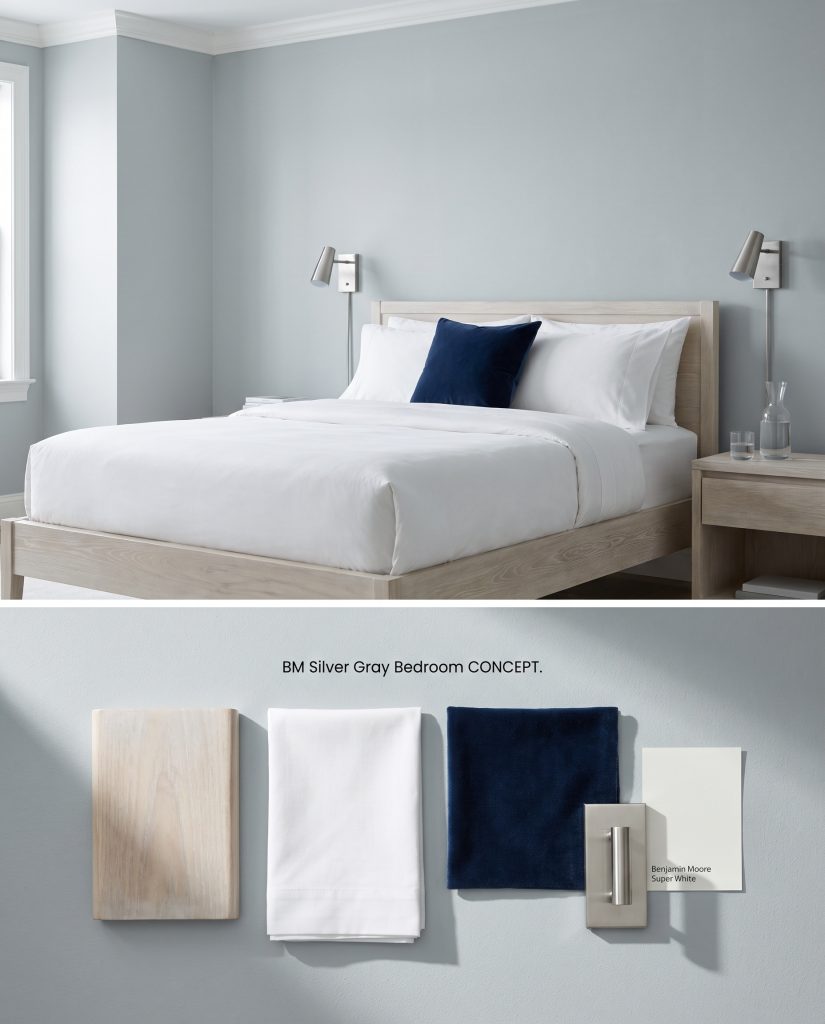 A split digital conceptual board displaying a bedroom painted in Benjamin Moore Silver Gray above a flat-lay of whitewashed ash and navy velvet.