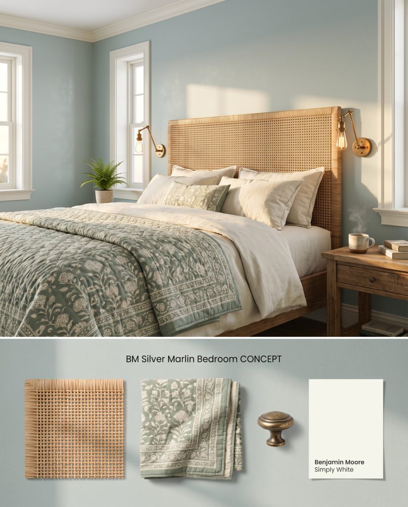 A split digital conceptual board displaying a bedroom painted in Benjamin Moore Silver Marlin above a flat-lay of woven rattan and antique brass.