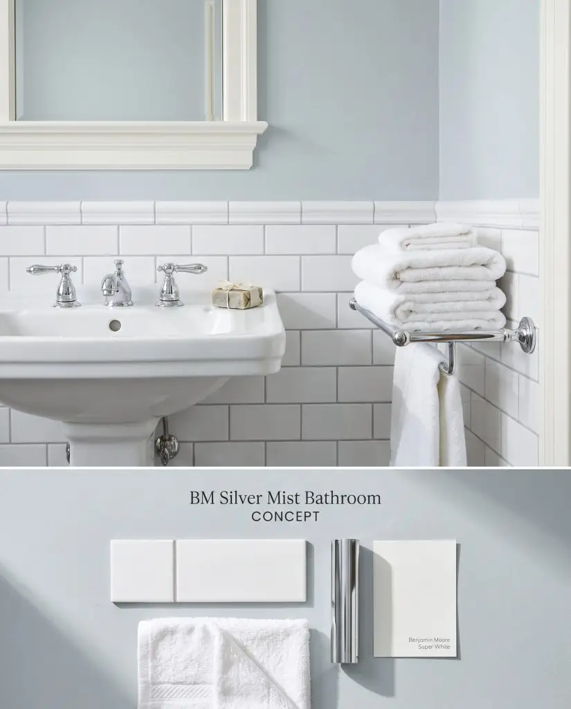 A split digital conceptual board displaying a bathroom painted in Benjamin Moore Silver Mist above a flat-lay of white subway tile and polished chrome.