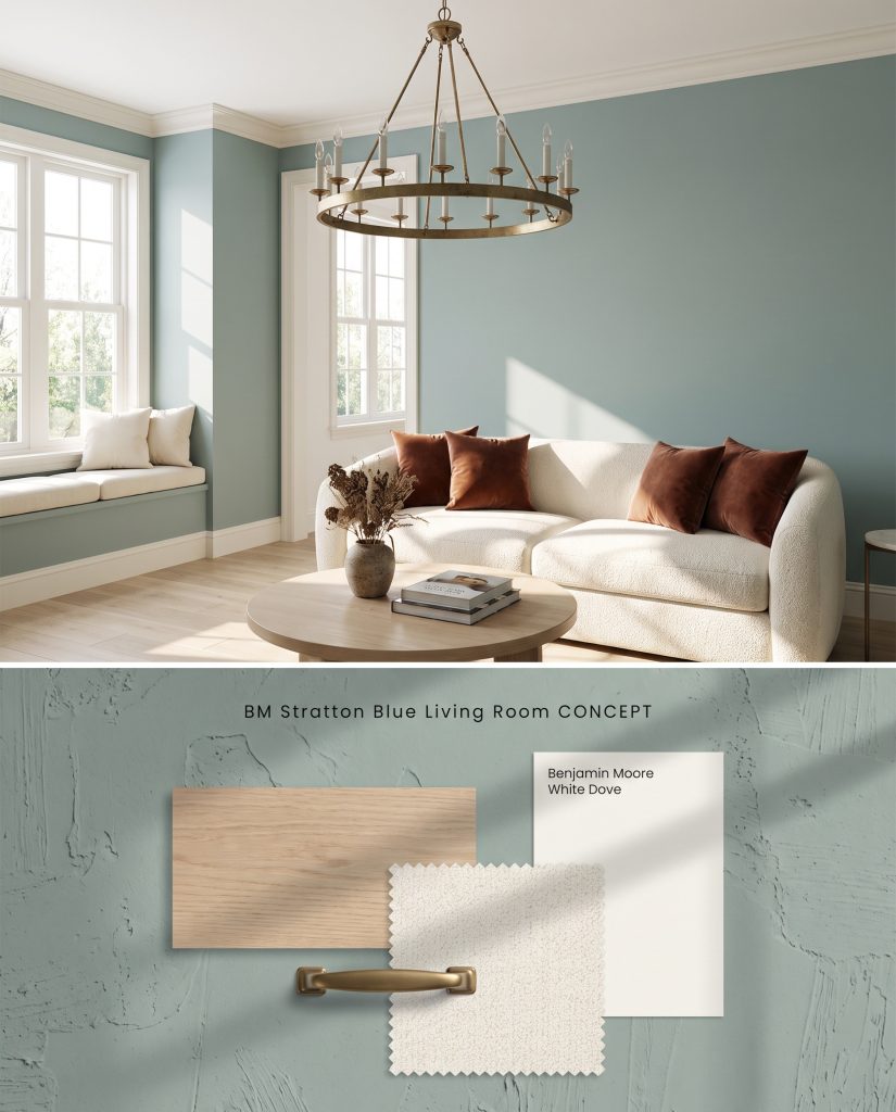 A split digital conceptual board featuring a Benjamin Moore Stratton Blue living room on top and physical wood with cream boucle materials below.