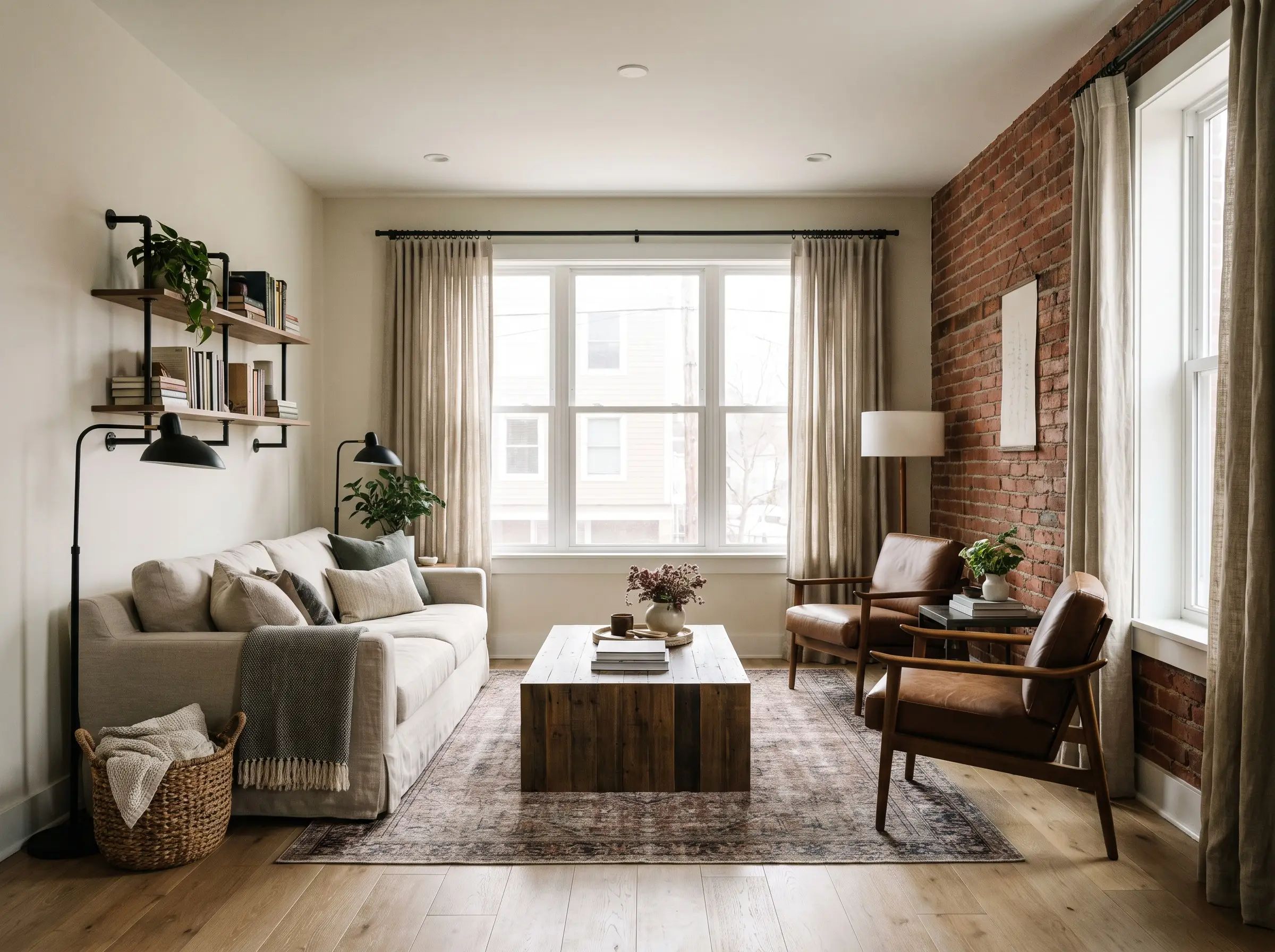 Matte oak flooring and blackened steel hardware ground a living room displaying paint colors that go with red brick wall, specifically Benjamin Moore Swiss Coffee.
