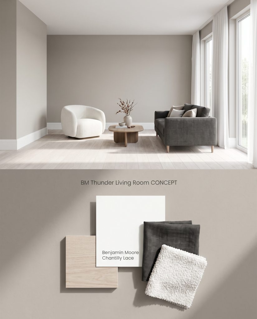 A split digital conceptual board featuring a Benjamin Moore Thunder living room on top and bleached ash wood with charcoal linen below.