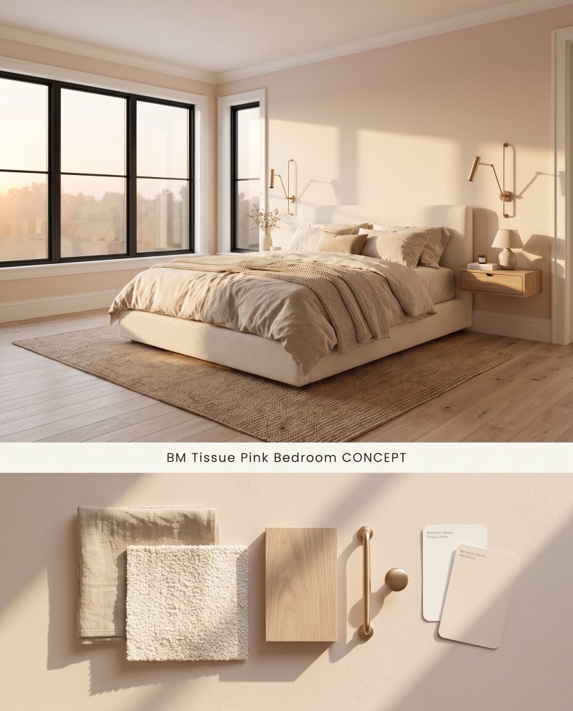 A split conceptual board featuring a Benjamin Moore Tissue Pink modern bedroom above a flat-lay of bleached oak and washed linen.