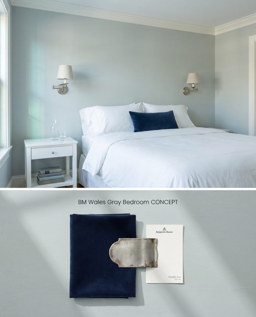 A split digital conceptual board presenting a Benjamin Moore Wales Gray coastal bedroom above a textured flat-lay of navy velvet and aged silver.