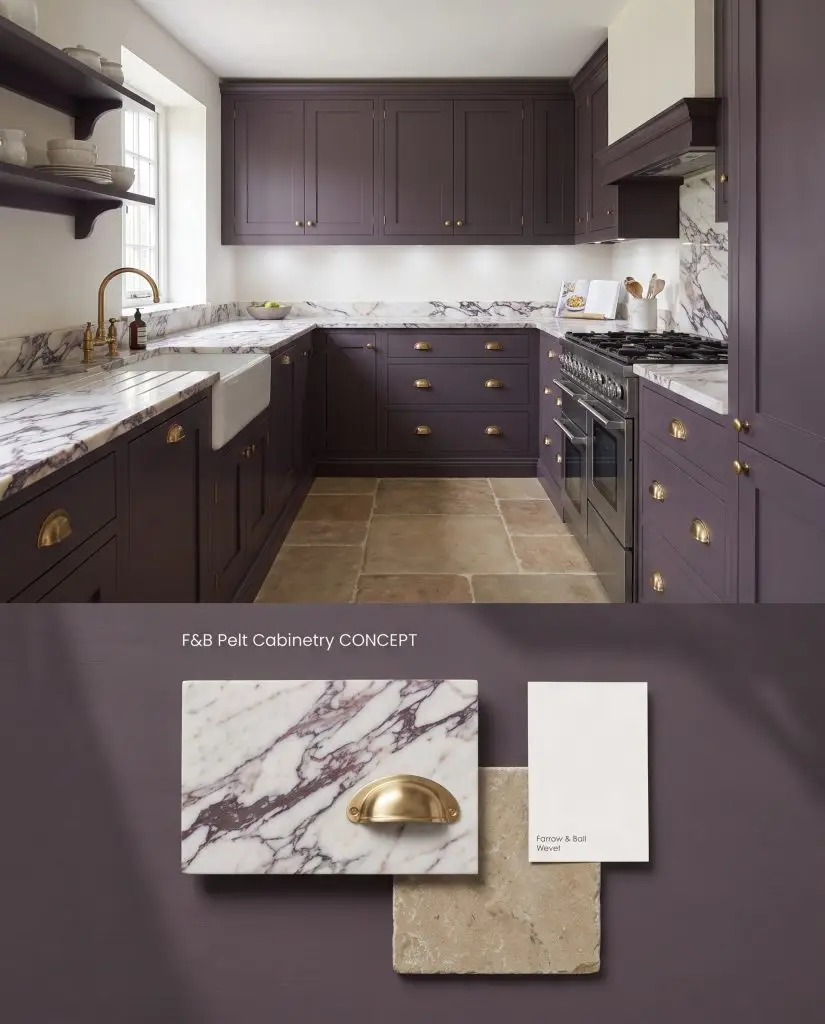 Digital split board featuring deep aubergine kitchen cabinetry alongside Calacatta Viola marble, positioned over a flat-lay of matching physical materials.