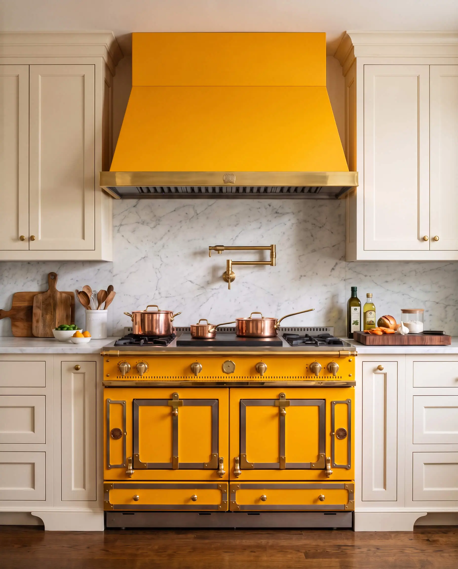 A monumental French luxury range finished in custom yellow enamel with gleaming metallic trim serves as the undisputed star of this unapologetic yellow kitchen.