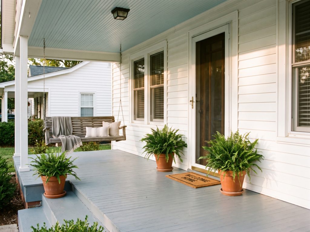 The best Sherwin-Williams front porch paint colors feature a soft gray floor, classic haint blue ceiling, white siding, and a wooden swing.