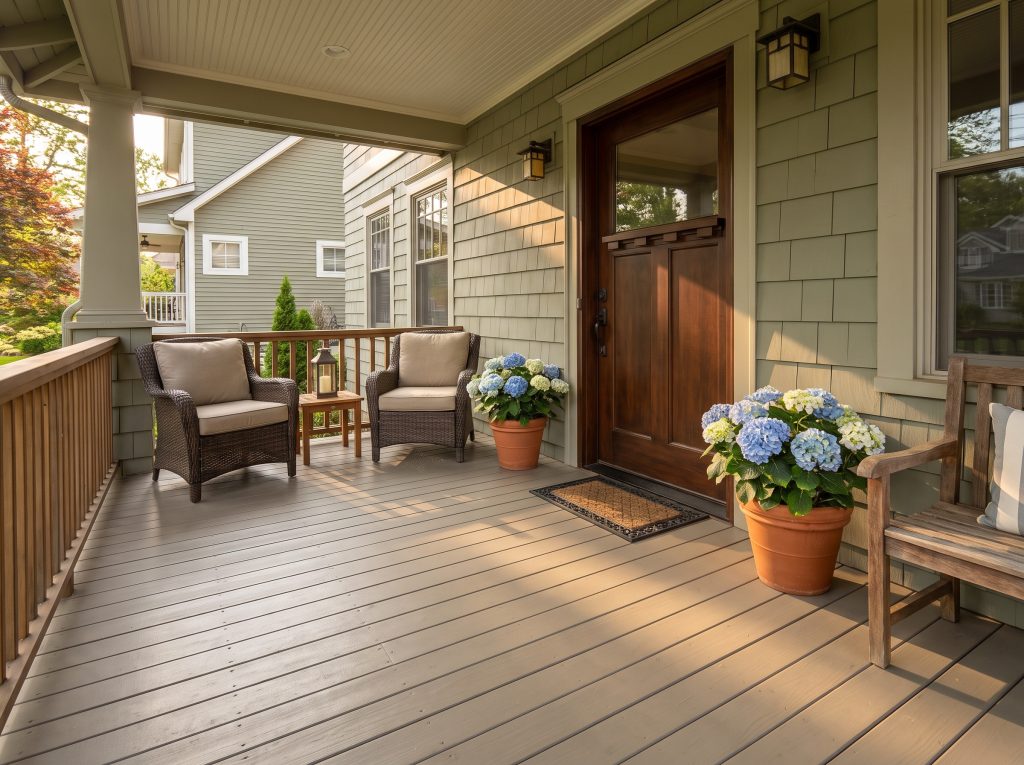 Exploring the best Sherwin-Williams front porch paint colors reveals a greige painted wooden decking floor paired with wicker seating and blooming potted hydrangeas.