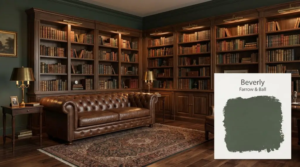 Floor-to-ceiling bookshelves and a leather Chesterfield sofa define this moody library painted in Farrow & Ball Beverly (Hex #4c5c4a).