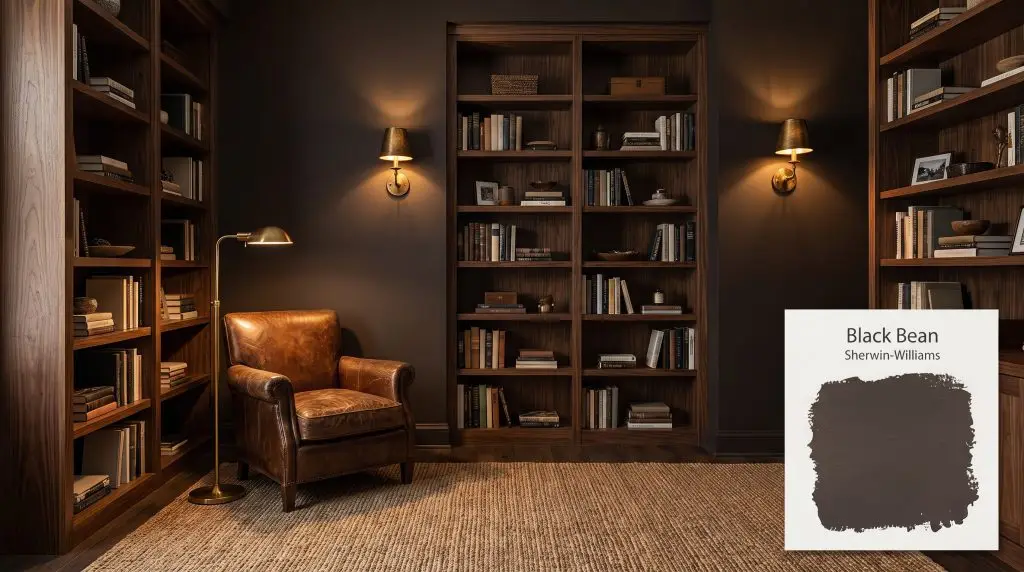Rich walnut bookshelves and a vintage leather armchair define this moody modern study featuring walls coated in Sherwin-Williams Black Bean (Hex #403330).