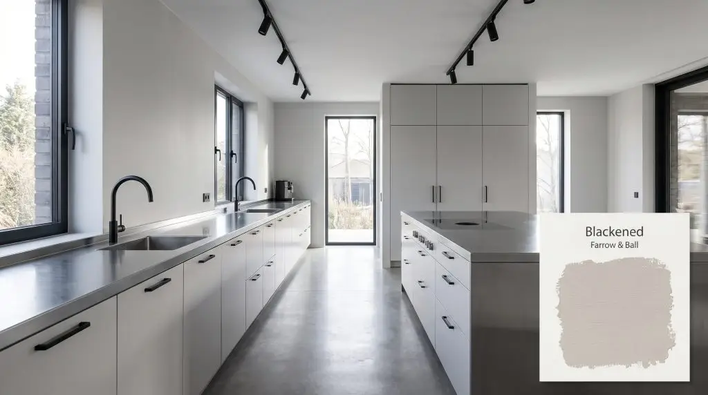 Stainless steel countertops and poured concrete floors frame the sleek modern kitchen walls coated in Farrow & Ball Blackened (Hex #dbdbda).