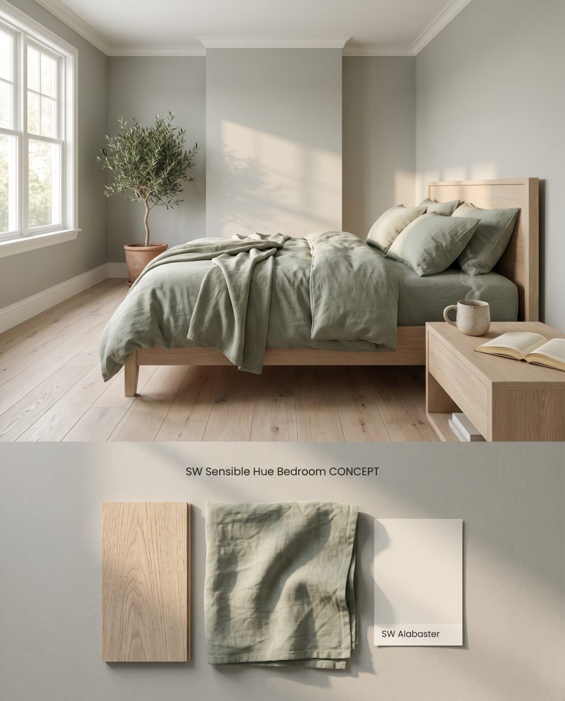 A split digital conceptual board featuring a bedroom painted in Sensible Hue on top, and physical oak, linen, and paint swatches below.