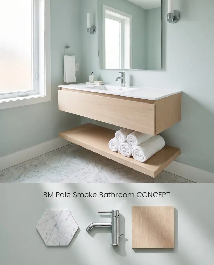 A digital conceptual layout presenting a spa-like bathroom in soft blue-gray above a tactile collection of Carrara marble hex tiles and bleached oak.