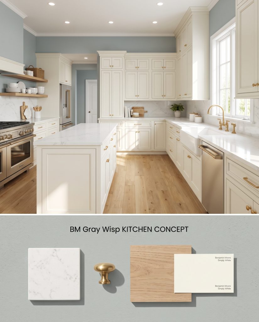 A digital composite board featuring a fresh traditional kitchen with soft green-gray walls on top and a textured bottom section with white quartz.