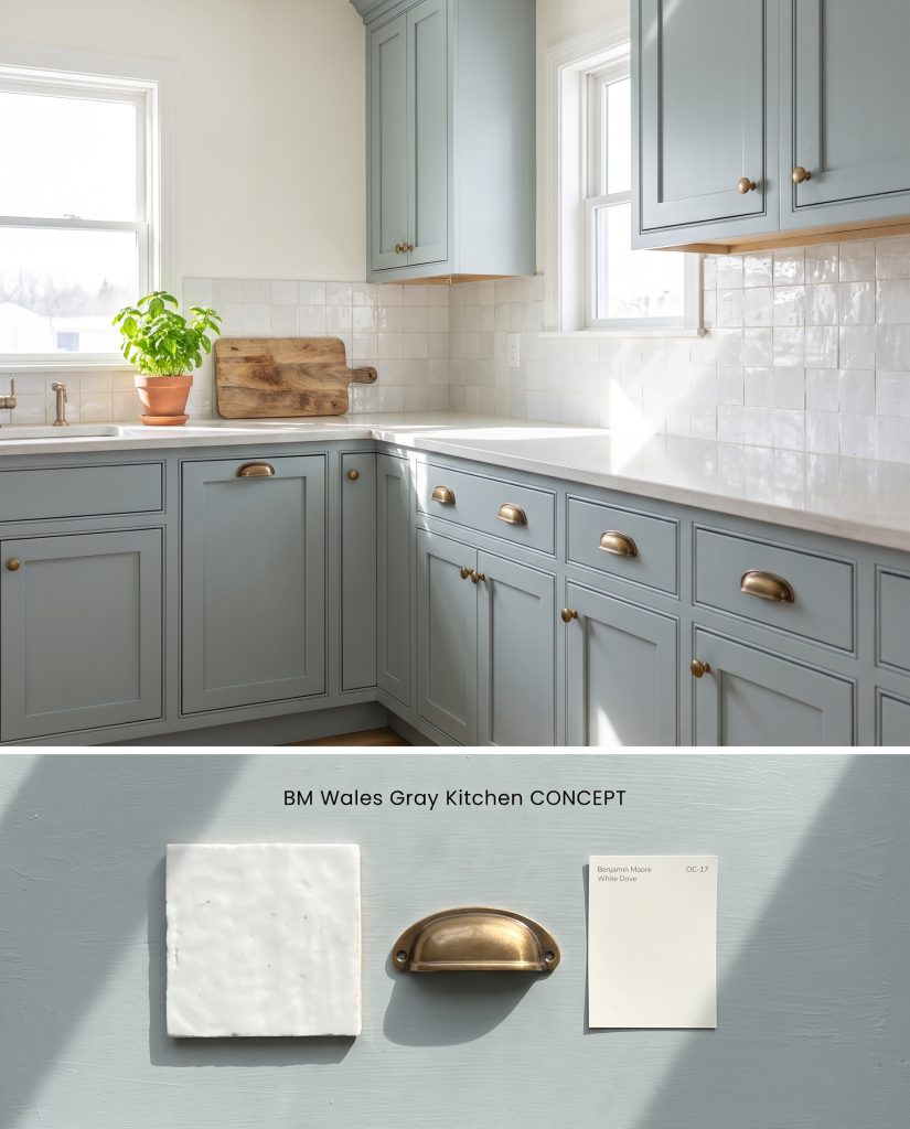 A dual-section digital mood board displaying pale blue-gray kitchen cabinets above physical samples of white zellige tile and unlacquered brass.