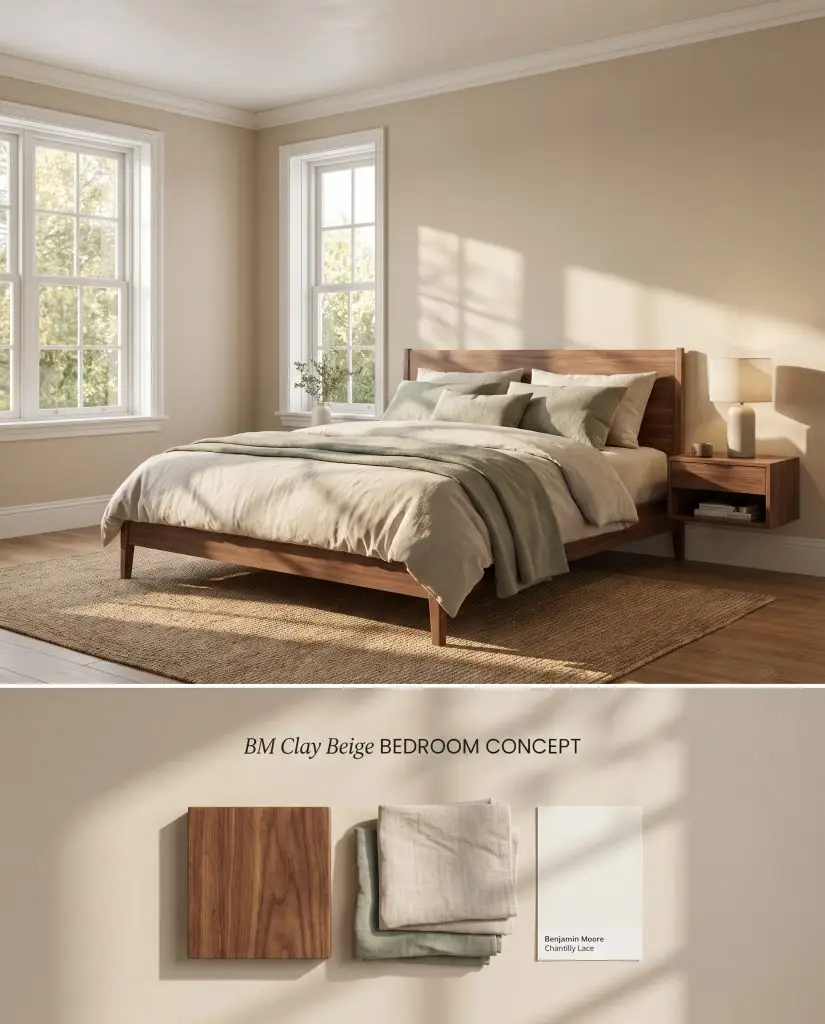 A digital composite board featuring a serene neutral bedroom on top and a textured bottom section with walnut and washed linen swatches.