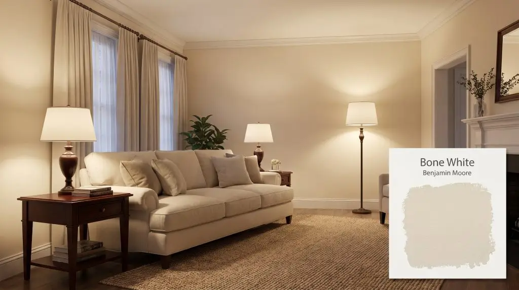 A plush cream sofa and dark mahogany side table rest on a woven wool rug surrounded by Bone White (Hex #E7DECA) walls.