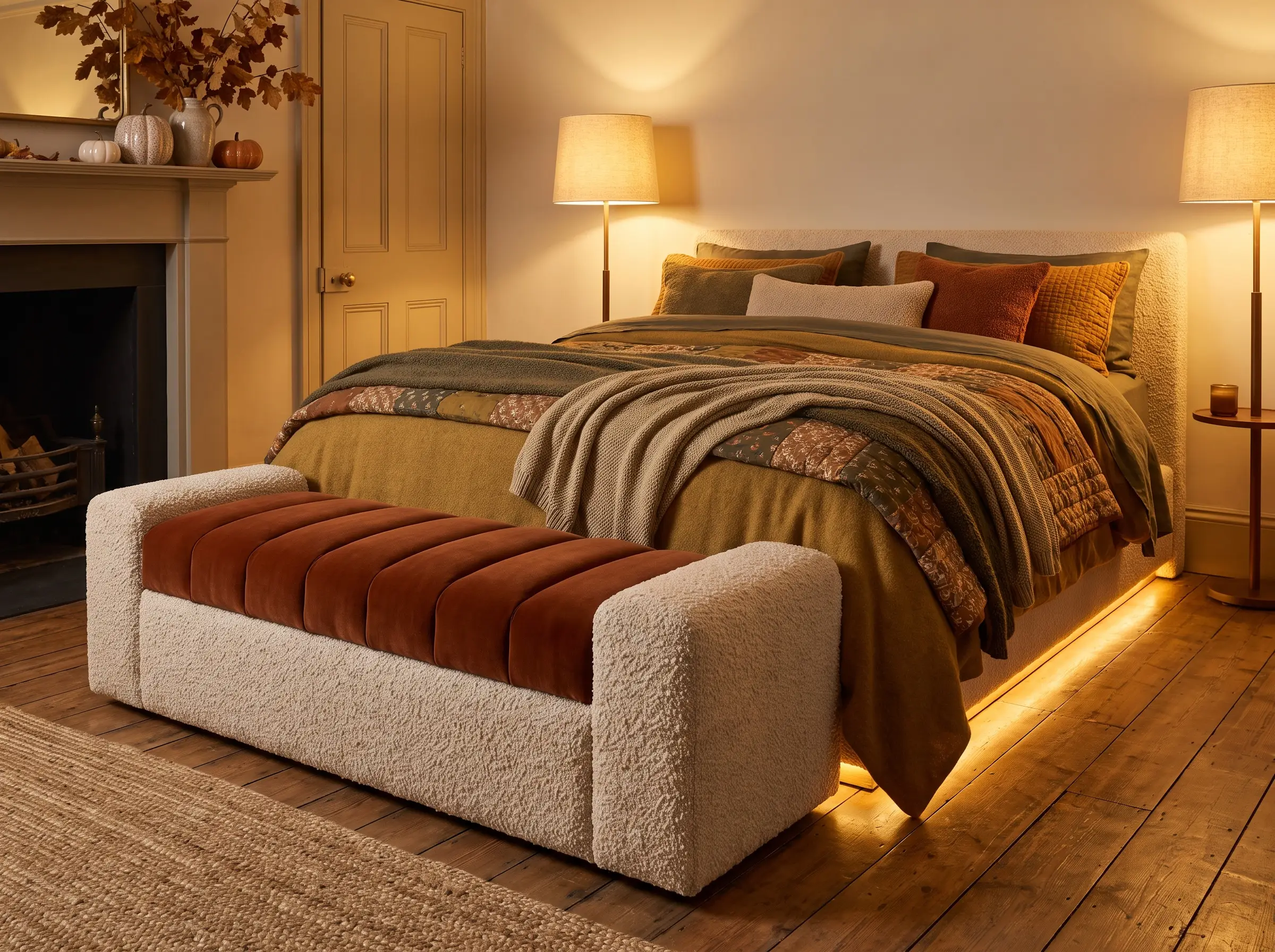 A heavy looped bouclé and channel-tufted velvet bench anchors the foot of a meticulously layered bed surrounded by muddy-hued textiles.