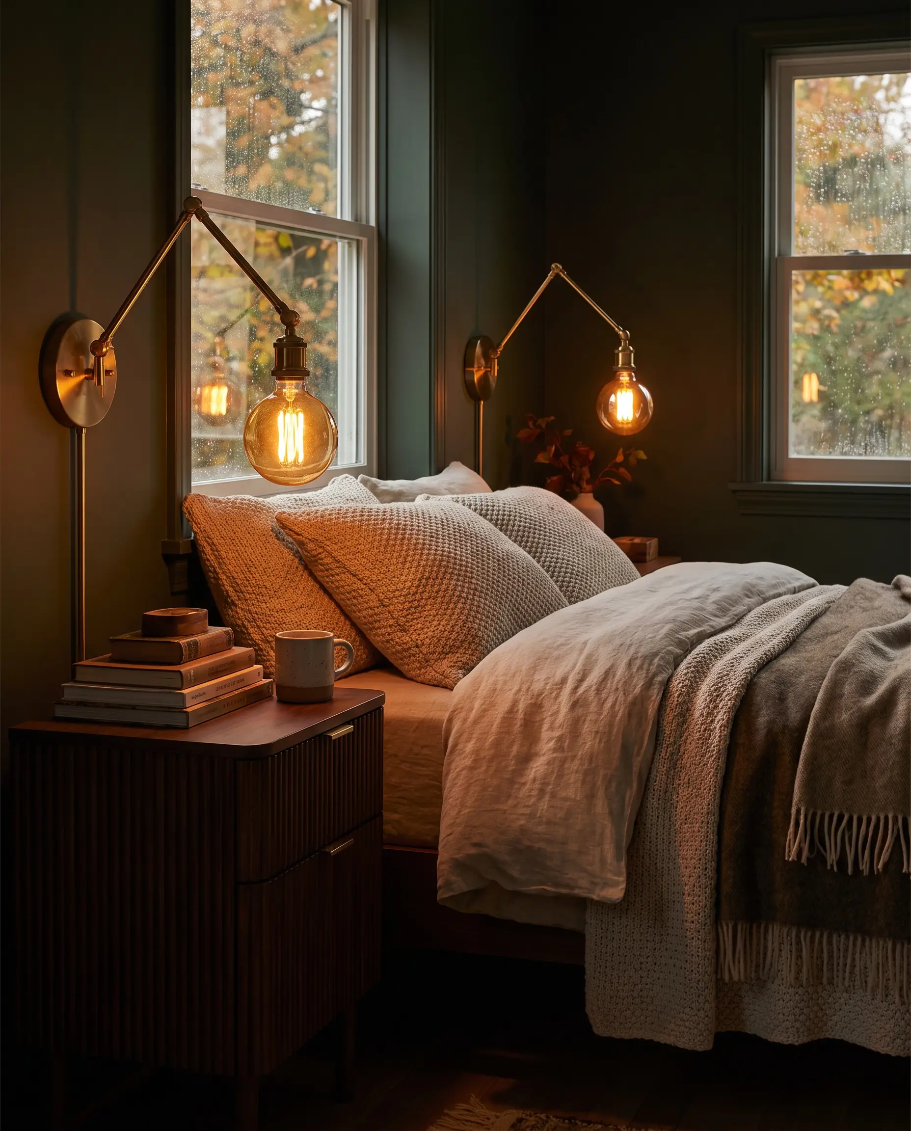 Warm brass bedside sconces fitted with amber-tinted Edison bulbs cast a soft glow over a fluted wood nightstand and heavy textiles.