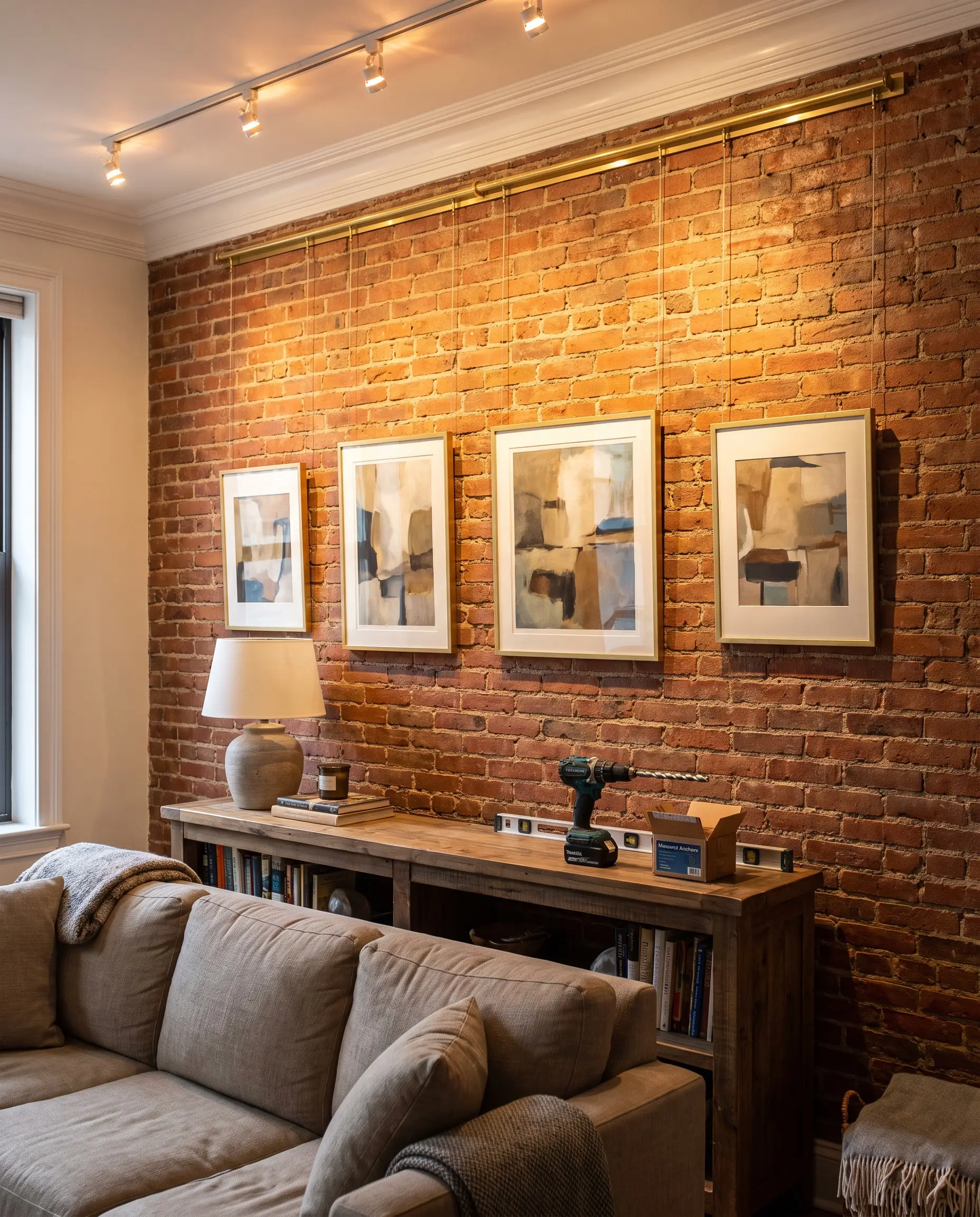 A traditional brass gallery rail system suspends modern abstract art pieces over a textured masonry surface above a wooden console table holding a hammer drill and masonry anchors.