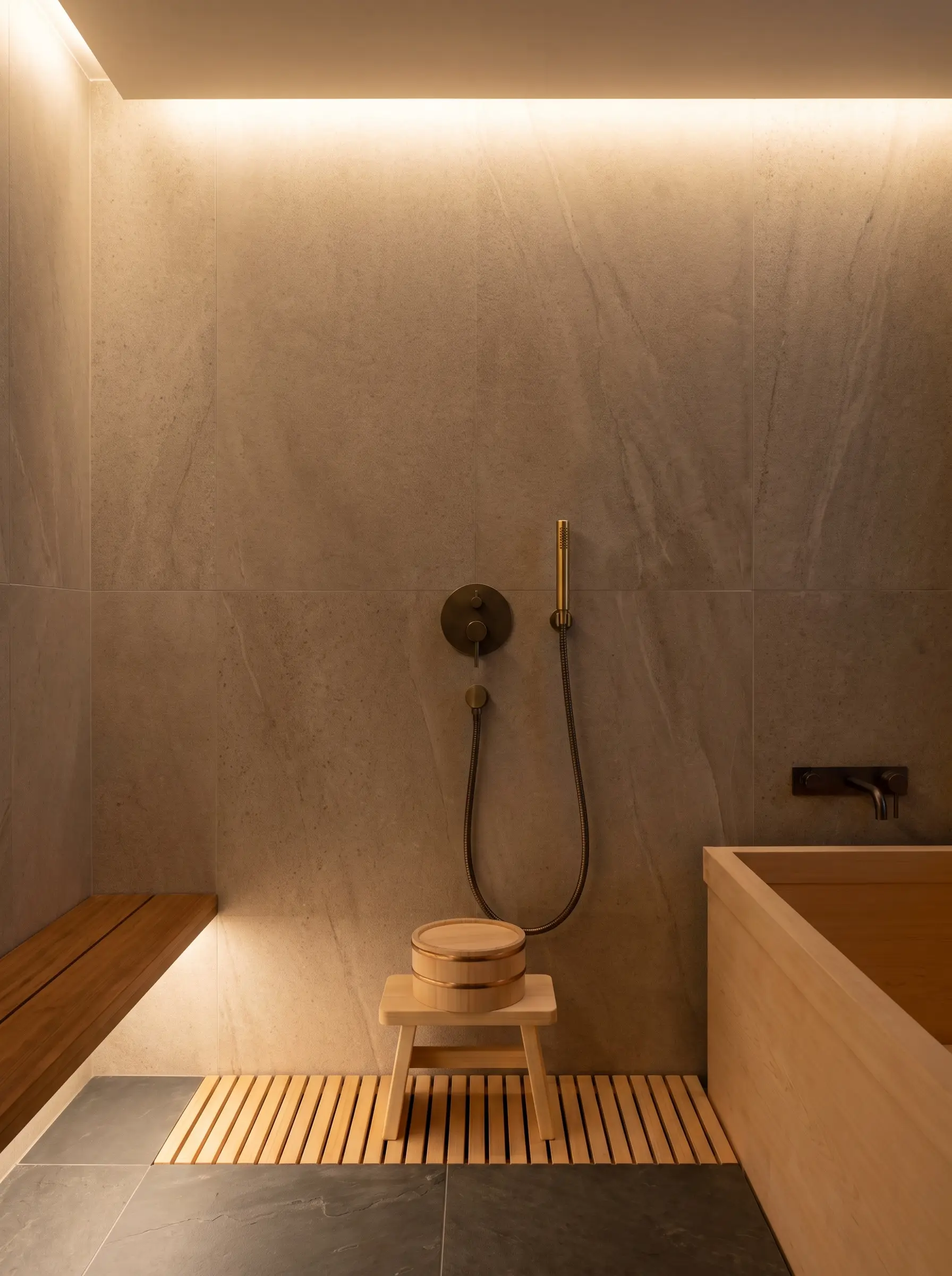 A traditional wooden wash stool sits beneath a solid brass handheld shower wand mounted exactly 24 inches from the floor on a seamless waterproof wall.