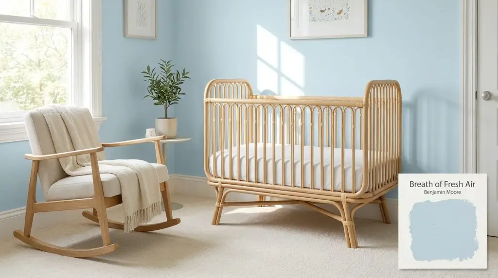 A natural rattan crib and light wood rocking chair furnish a contemporary nursery painted in Breath of Fresh Air (Hex #C9DDE5).