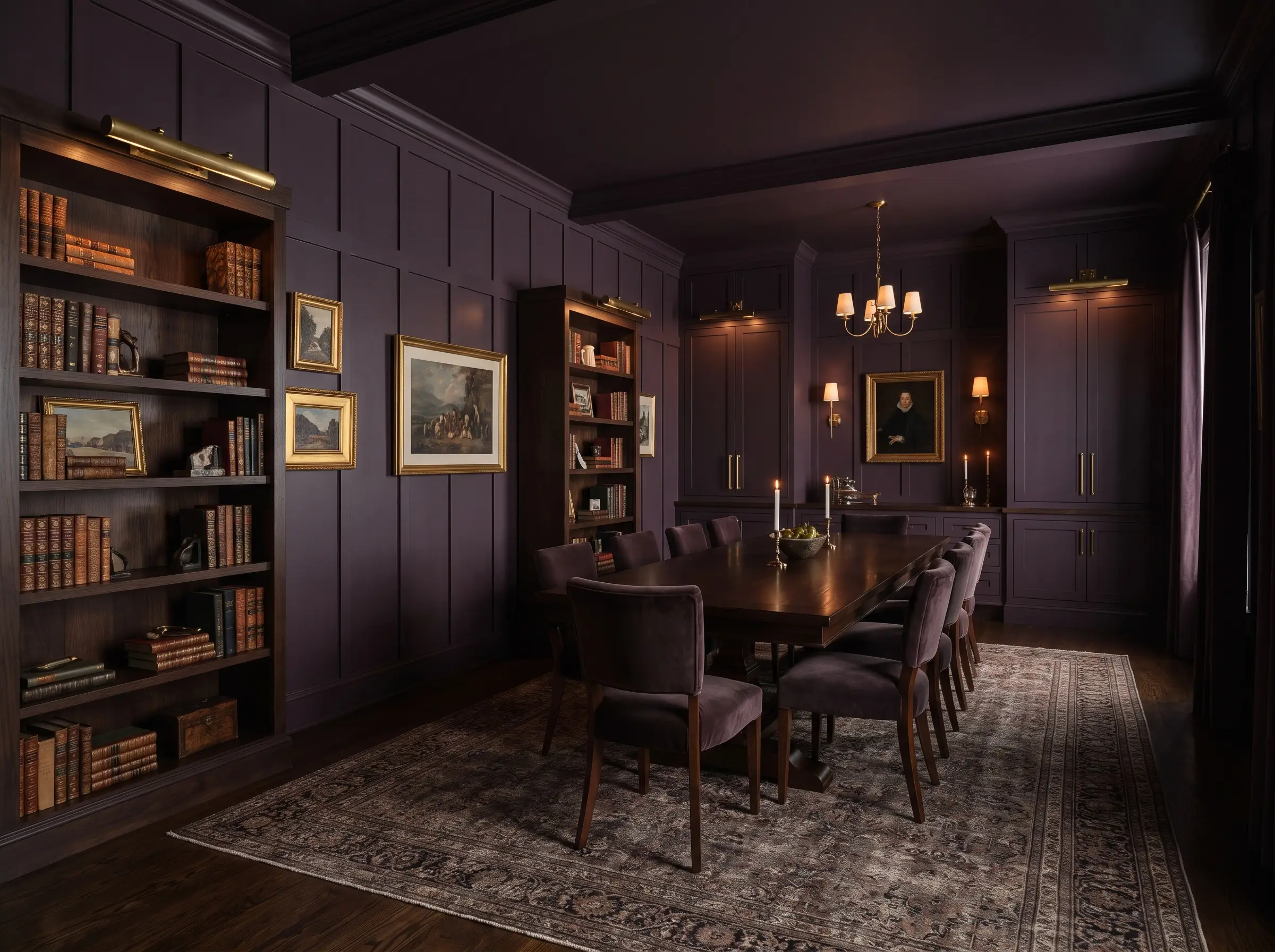 A traditional board and batten grid painted flat Brinjal envelops a moody dining space accented by raw unlacquered brass picture lights and matching hardware.