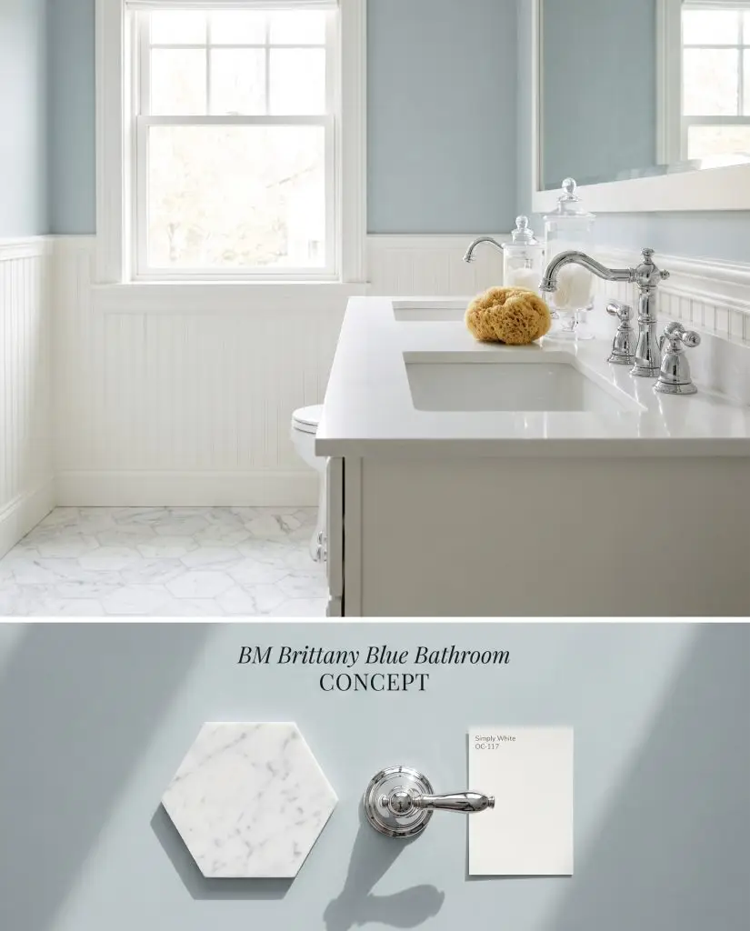 A dual-section digital mood board featuring crisp blue upper bathroom walls over a tactile layout of Carrara marble hex tiles and chrome.