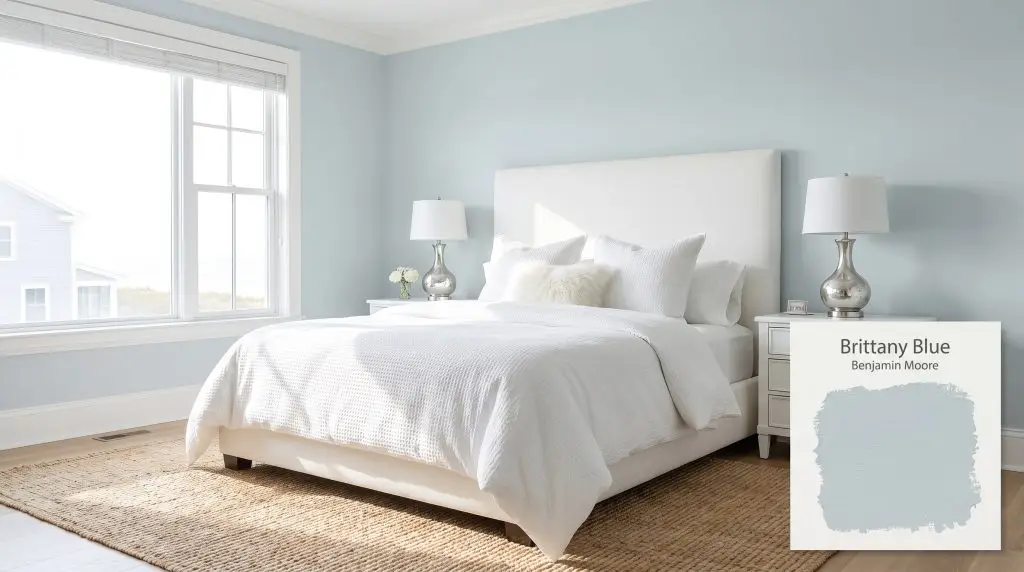 Crisp white bedding and a matching upholstered headboard complement the soft Brittany Blue (Hex #C3D0D2) walls and metallic silver accents.
