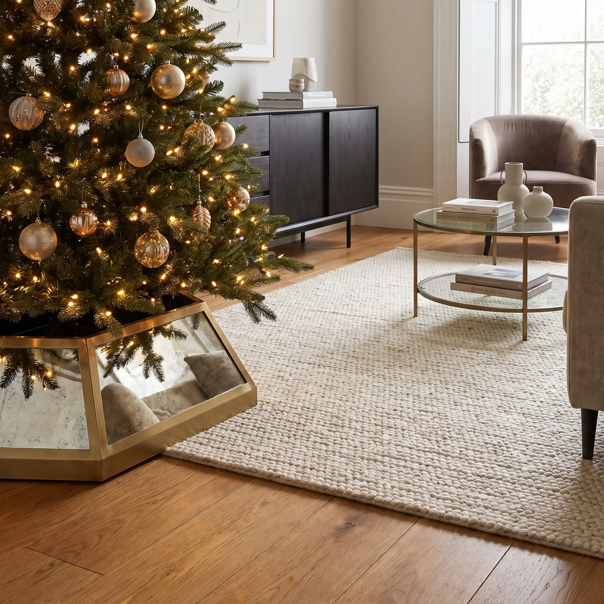 Copribase geometrico per albero in ottone spazzolato con pannelli a specchio anticato in un salotto modernista secondo i trend natalizi 2026.