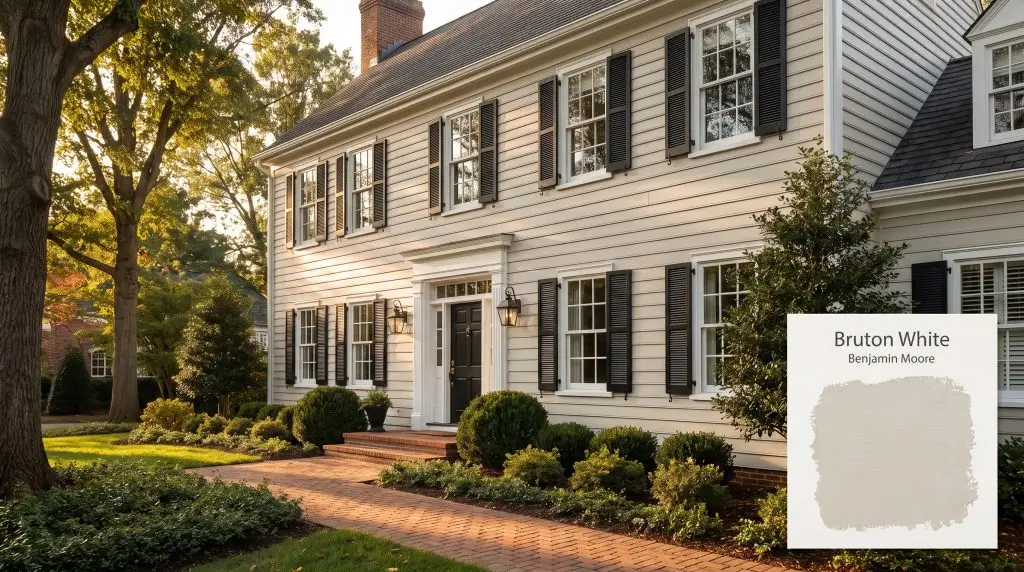 Crisp white trim, black shutters, and a classic brick walkway lead to a historic home exterior painted in Bruton White (Hex #D5D1C7).