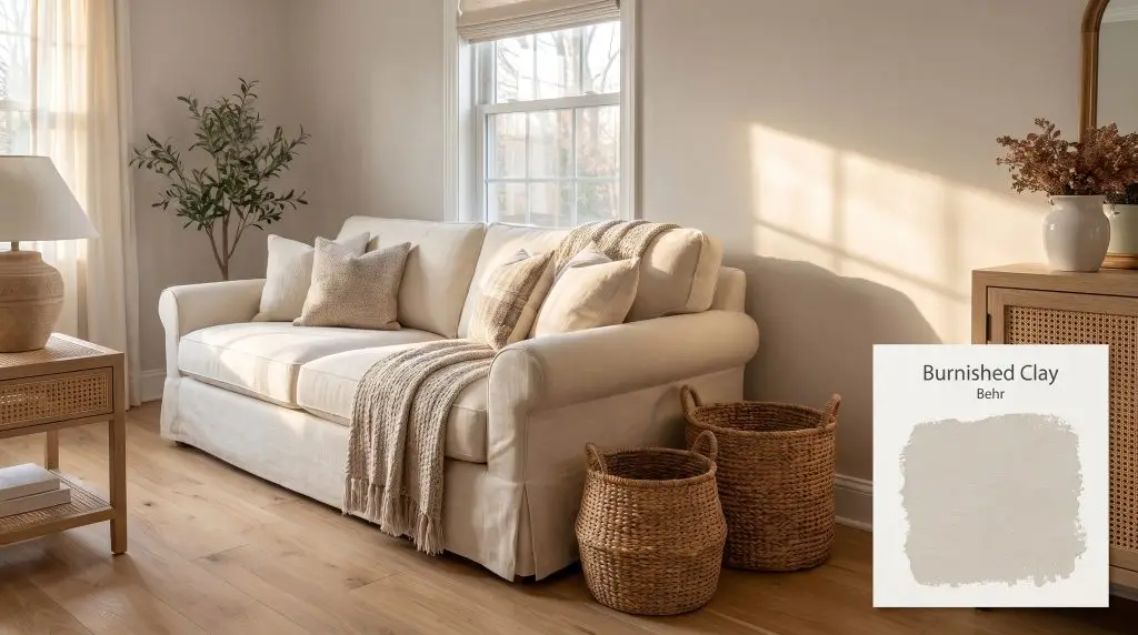 A plush cream linen sofa and woven rattan accents sit beautifully before a soft greige Behr Burnished Clay (Hex #d2ccc4) living room wall.