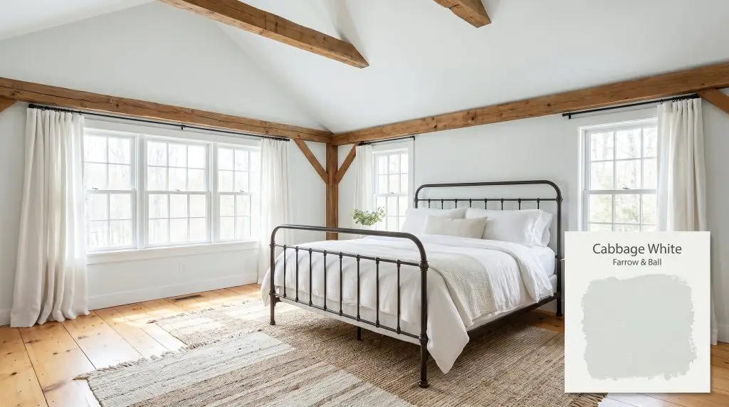 Exposed timber beams and wide plank pine floors anchor an airy vaulted bedroom painted in Farrow & Ball Cabbage White (Hex #e6edeb).