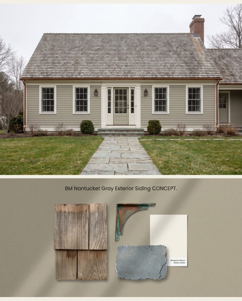 A split digital conceptual board displaying a Cape Cod exterior in muted greenish-gray above a flat-lay of cedar shingles and copper brackets.