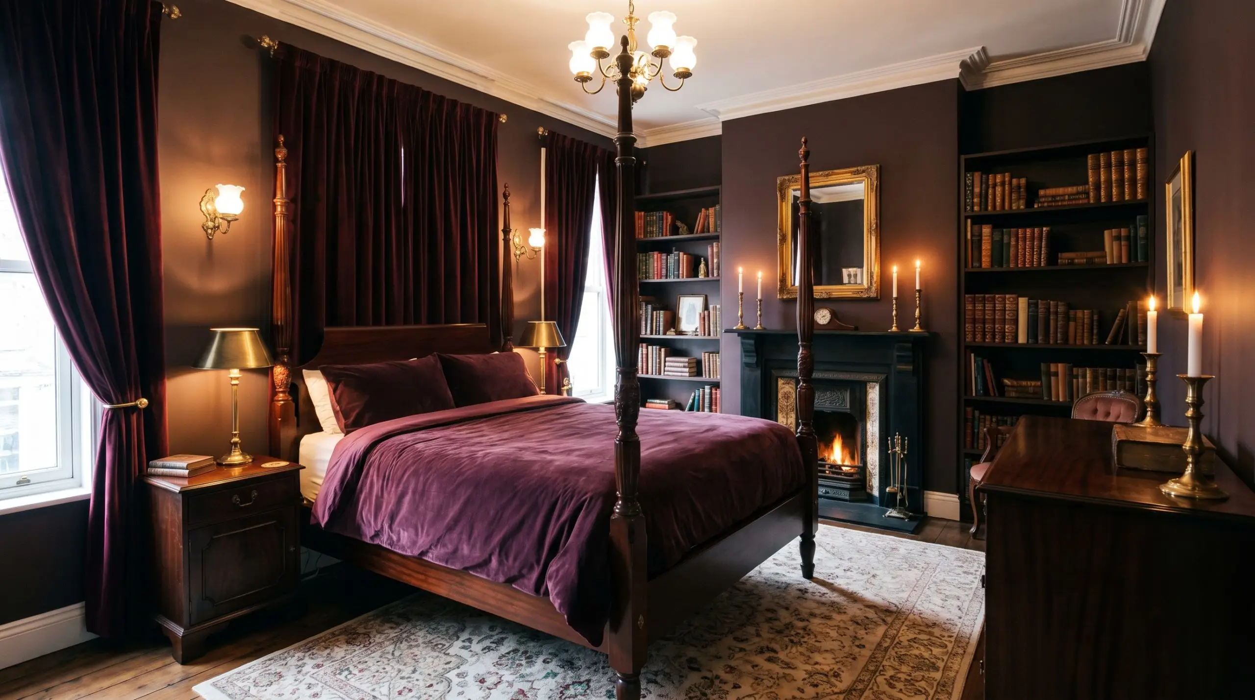 Sherwin-Williams Carnelian walls envelop a moody bedroom featuring heavy velvet textiles, dark mahogany wood furniture, and unlacquered brass accents.