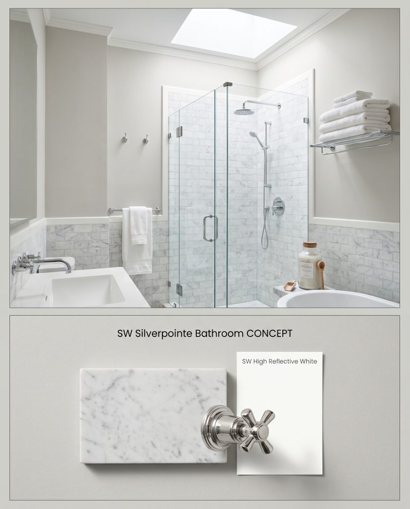 A split digital visualization showing a minimalist bathroom with light gray walls on top, and marble and chrome material samples below.