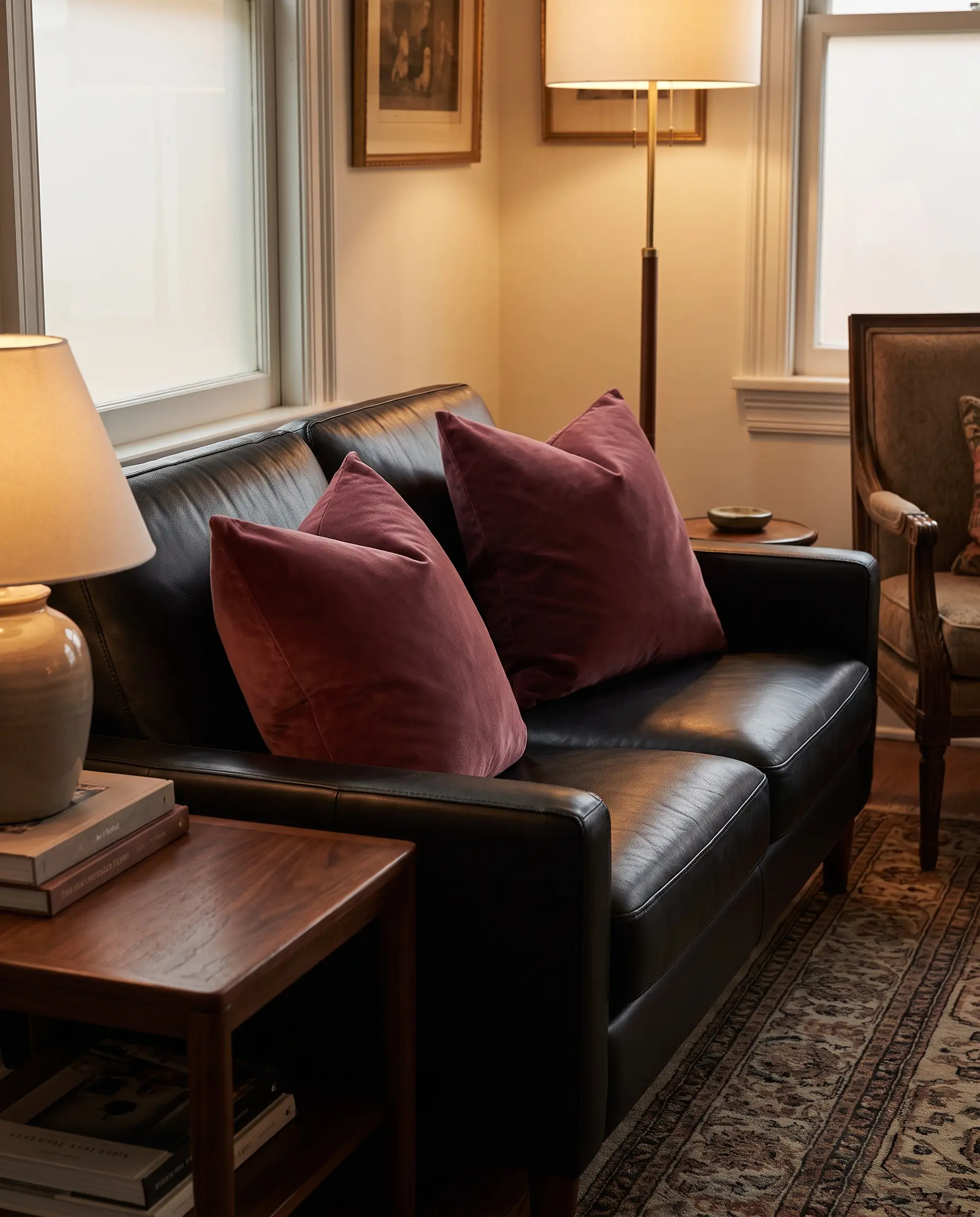Heavy Carter Plum cotton velvet cushions with a deep center chop rest securely on a black sofa beside a warm walnut side table.