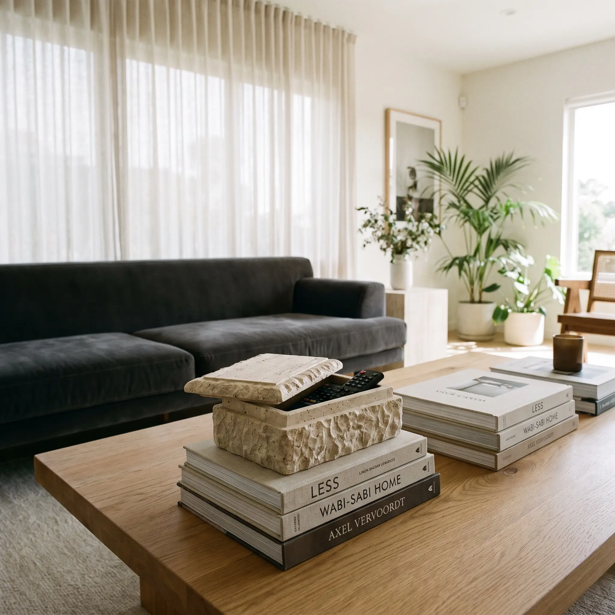 A heavy carved travertine lidded box sits atop a stack of linen-bound design books on a solid wood coffee table near a low-profile velvet sofa.