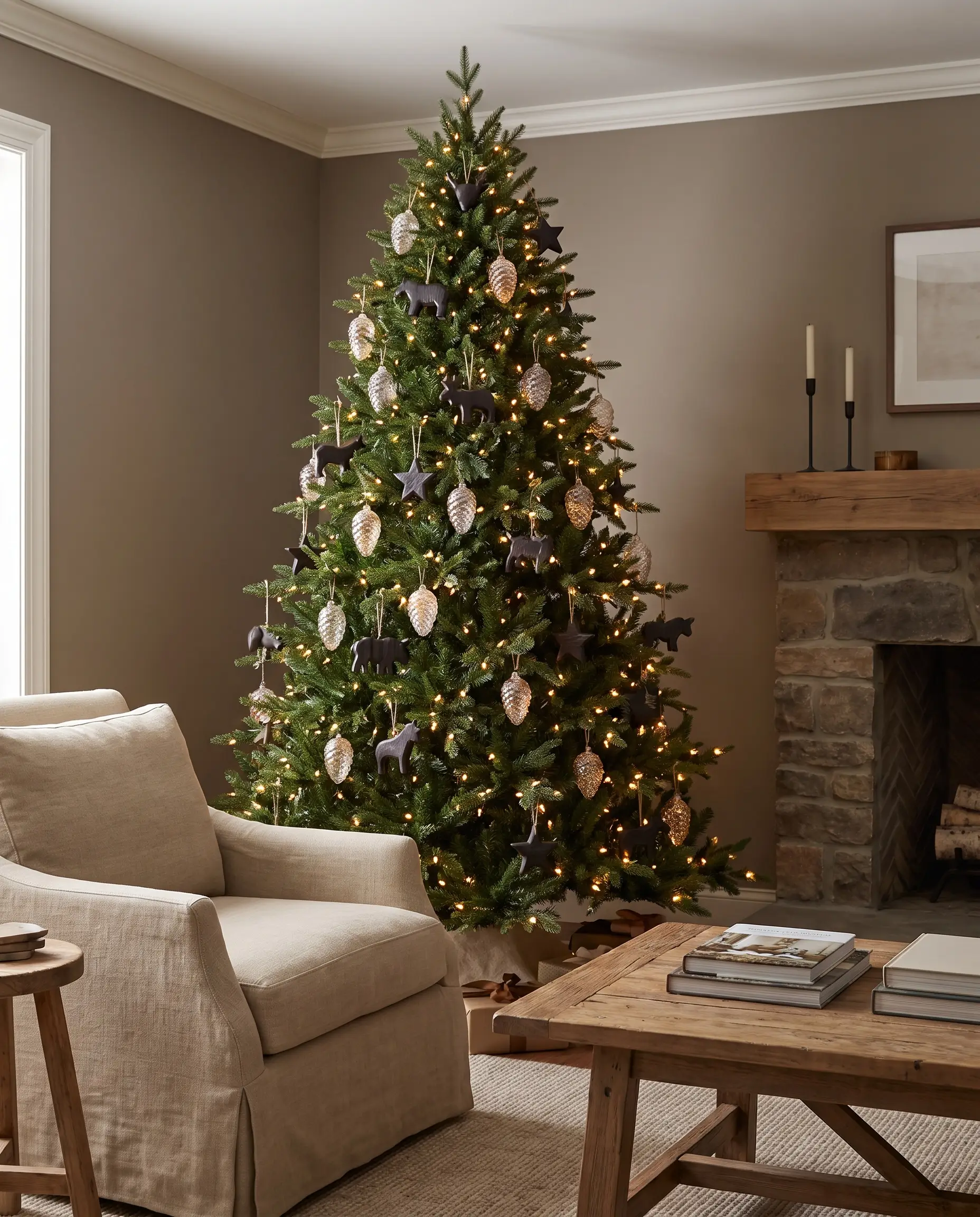 Decorazioni intagliate a mano in noce canaletto e pigne in vetro soffiato europeo decorano un albero ricercato su pareti dipinte in Mouse's Back di Farrow and Ball.