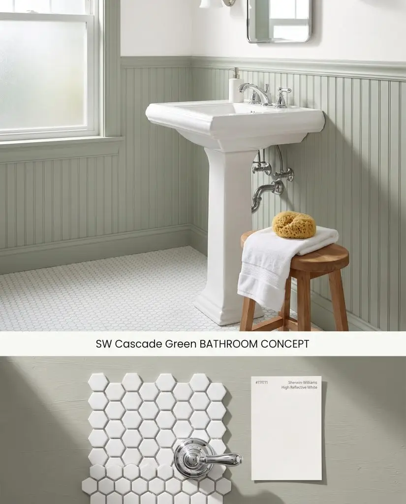 A dual-section visualization showing a green beadboard bathroom above a physical material board containing white hexagon mosaic tile and polished chrome.