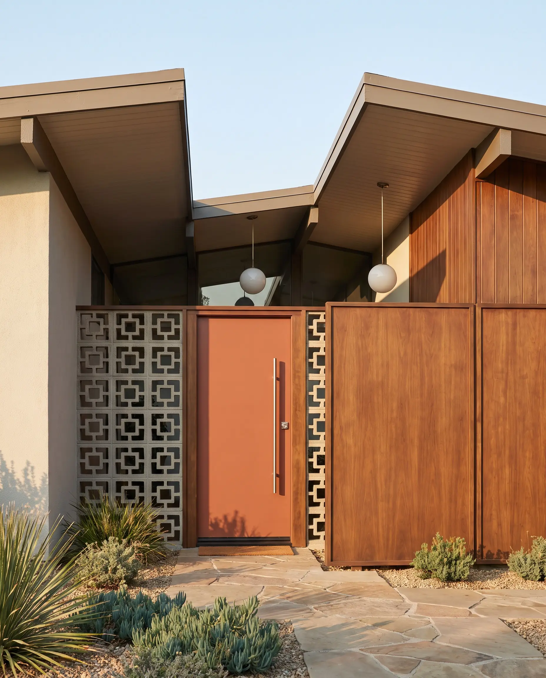 Geometric breeze-block walls and warm walnut wood accents define a mid-century entryway featuring a Cavern Clay painted door with brushed stainless steel hardware.
