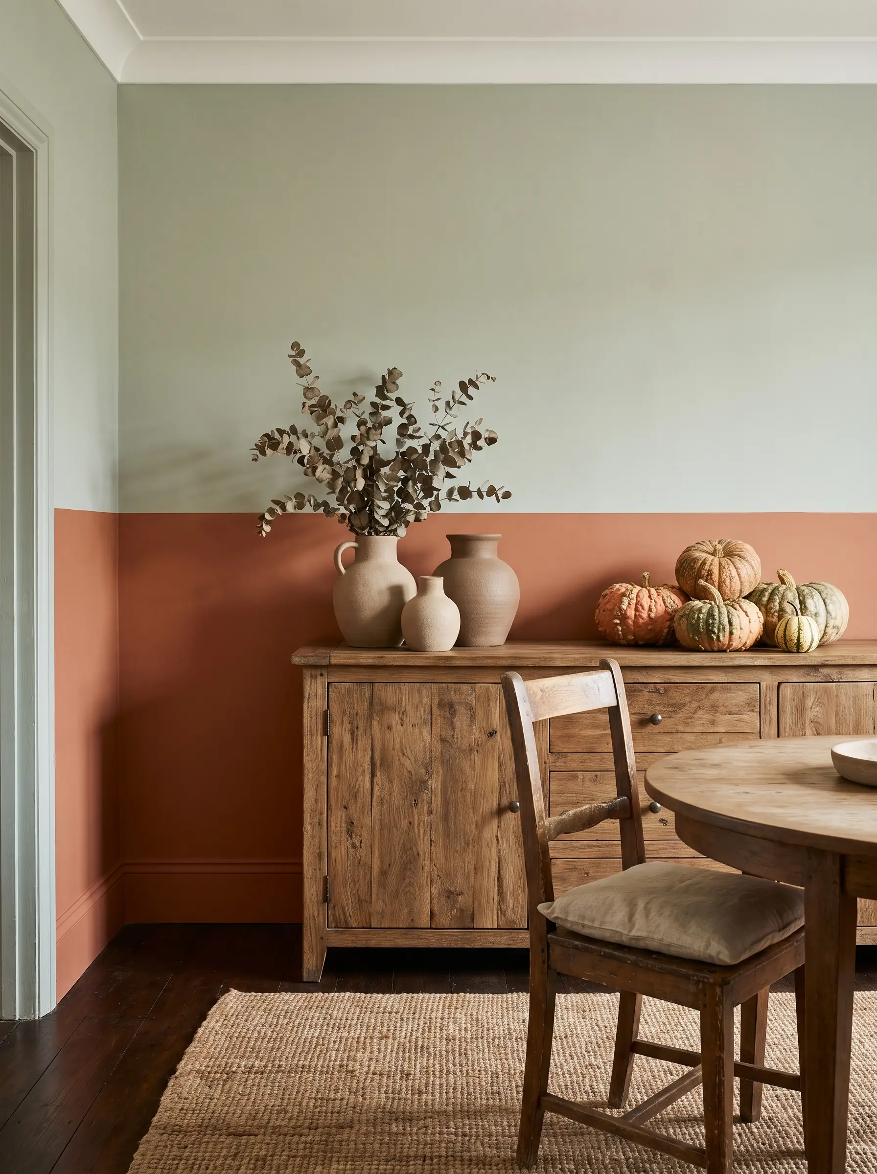 A wooden sideboard rests against a two-tone cavern clay and retreat green wall, displaying matte ceramic vases, dried eucalyptus, and warty heirloom squash.