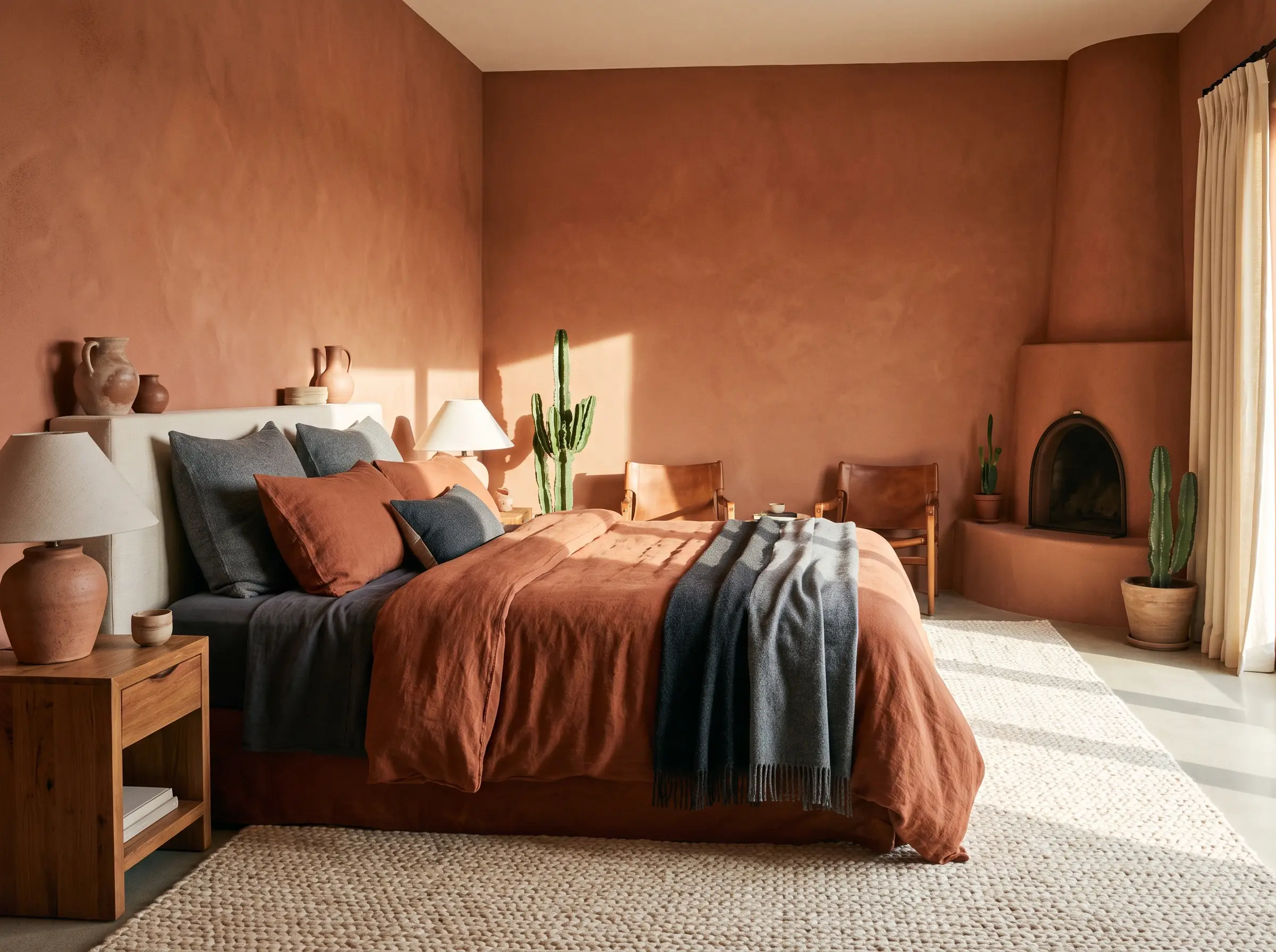 Sherwin-Williams Cavern Clay walls surround this warm fall bedroom, anchored by heavy stonewashed linen bedding in rich rust tones and raw clay ceramics.