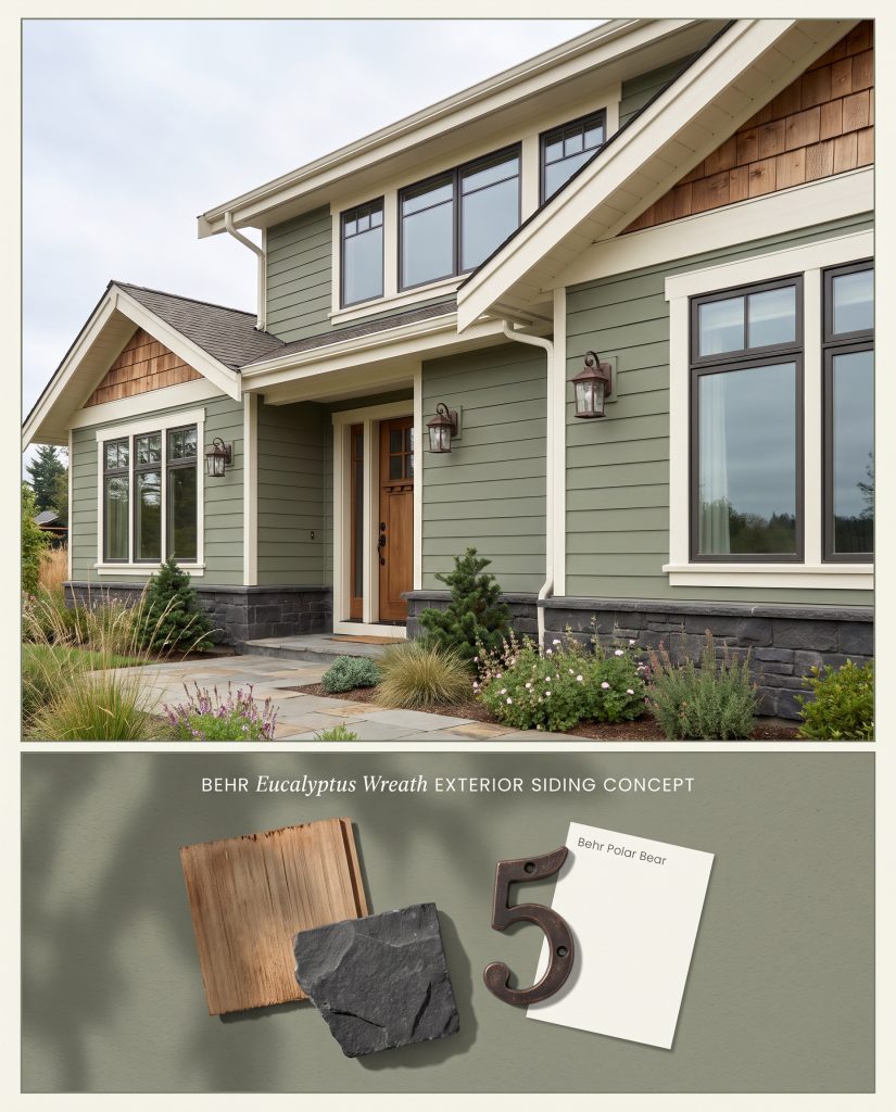 An architectural conceptual board for an exterior facade featuring muted green lap siding, grounded by a physical flat-lay of cedar shingles and charcoal stone.