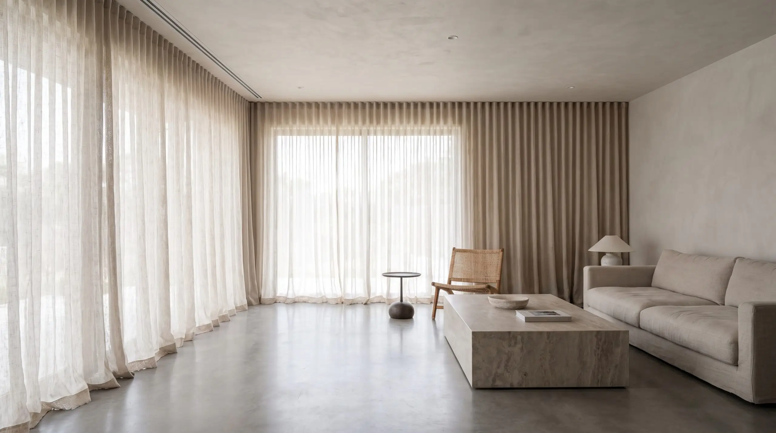 Continuous ceiling-to-floor sheer linen drapery hangs from a recessed track behind a monolithic stone coffee table and low-profile sofa in a modern minimalist living room.