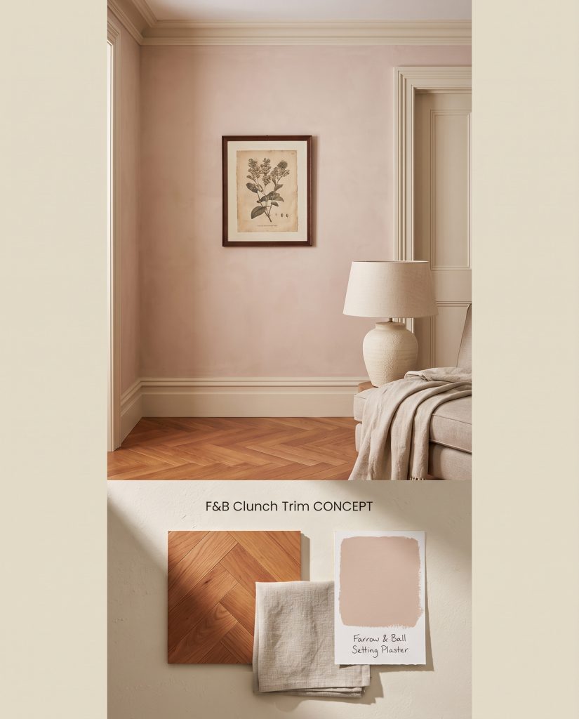 A split digital conceptual board illustrating off-white baseboards and crown molding against plaster walls, with a bottom section featuring cherry wood.